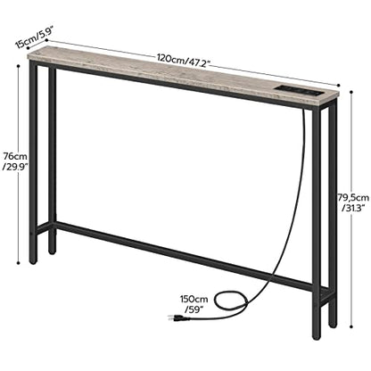 HOOBRO 47.2" Narrow Console Table with Power Outlets, 5.9" Behind Couch Table with Charging Station, Narrow Sofa Table, Long Entryway Table for Living Room, Hallway, Foyer, Greige BG15XG01G1 - color: Greige + Black, size: 47.2"L x 5.9"W x 31.5"H