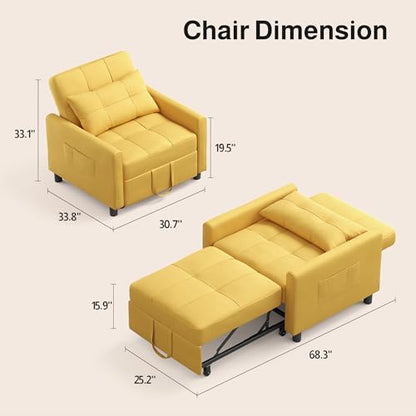 Convertible Sleeper Chair Sofa Bed, Adjustable Backrest, Yellow | 3 in 1 Chair Bed, Adjustable Backrest, Storage Pocket, Compact Fit for Living Rooms, Apartments, Guest rooms - color: Yellow