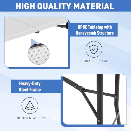 6FT Folding Table, Heavy Duty Plastic Table Portable Fold-in-Half Utility Table Indoor Outdoor Picnic Table w/Handle & Lock for Camping BBQ Party Wedding Market Events, 500LBS - size: 6 FT