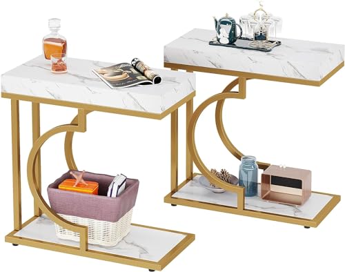 Tribesigns Narrow Side Table Set of 2, C Shaped End Table for Couch, White Gold Modern Bedside Tables with Metal Frame, Small Sofa Tables for Small Spaces, Living Rooms (2, White+Gold) - color: White+gold