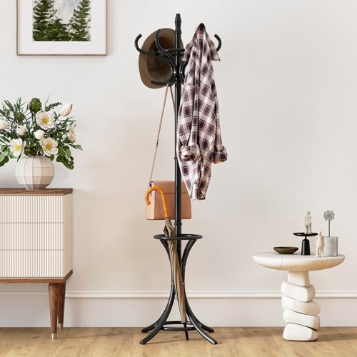Giantex Solid Wood Coat Rack, Freestanding Hall Tree w/12 Hooks, Umbrella Holder, Entryway Hanger Stand for Coat, Hats, Scarves, Bags, Wooden Garment Rack for Bedroom, Hallway (Black) - color: Black