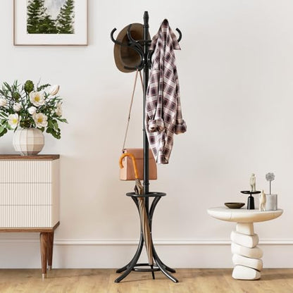 Giantex Solid Wood Coat Rack, Freestanding Hall Tree w/12 Hooks, Umbrella Holder, Entryway Hanger Stand for Coat, Hats, Scarves, Bags, Wooden Garment Rack for Bedroom, Hallway (Black) - color: Black