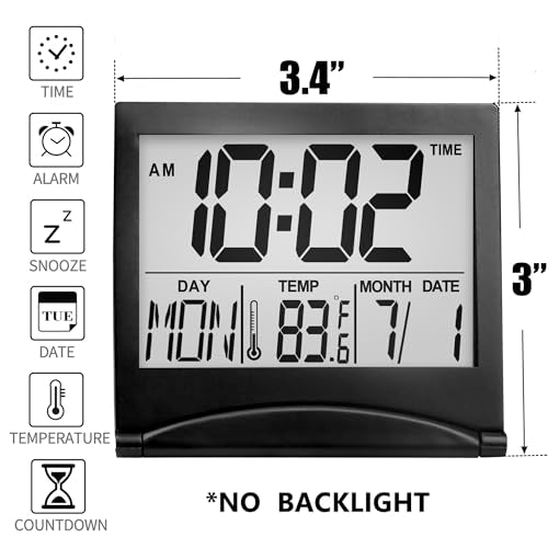 Betus Digital Travel Alarm Clock – Foldable Calendar, Temperature & Timer with Snooze – Large Number Display, Battery Operated – Compact Desk Clock for Home & Office (Black) - color: Black