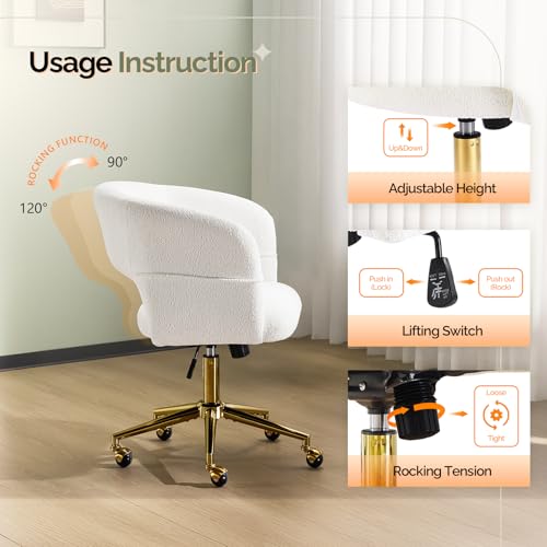 VINGLI Modern Curved Office & Vanity Desk Chair, Cute Upholstered Nail Chair with Wheels & 360° Swivel & Club & Tilting & Gold Base, for Bedroom, Living Room, Makeup, Velvet Chenille, White - color: White