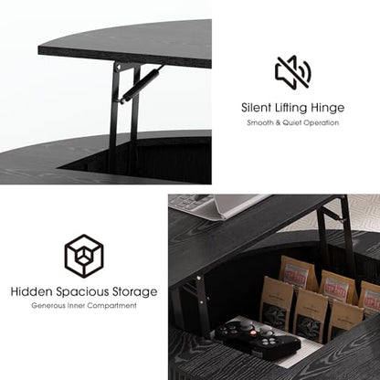 SULIVES Round Coffee Table with Lifting Top, Multifunctional Lift Top Drum Coffee Table with Sliding Door, Small Fluted Center Table for Living Room,Black - color: Black_round-lift-top