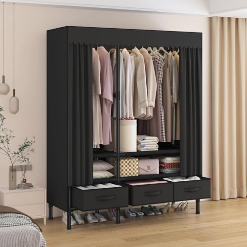 Portable Closet with Drawers 43.3"x17.7"x65.7" Wardrobe Closet Black | Portable Closet for Hanging Clothes, Fabric Drawers and Hanging Rod, Portable Wardrobe Storage for Bedroom or Dorm Use - color: Black-b, size: 43.3" L