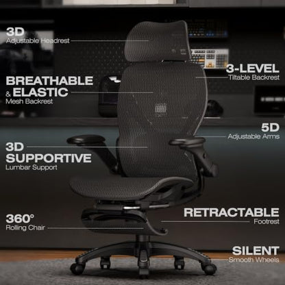 X100 Ergonomic Mesh Office Chair with Footrest, Big and Tall Home Desk Chair with 5D Flip-Up Arms, Adjustable 3D Lumbar Support, Gaming & Executive Computer Chair (Night Reaper) - color: Night Reaper