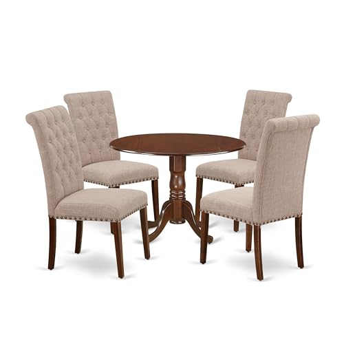 East West Furniture DLBR5-MAH-04 5 Piece Dining Room Furniture Set Includes a Round Dining Table with Dropleaf and 4 Light Tan Linen Fabric Upholstered Chairs, 42x42 Inch, Mahogany - color: Dlbr5-mah-04