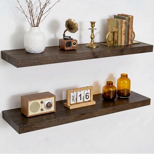 Dreamland Rustic Elm Woood Floating Shelves for Wall Decor, 30" W x 8" D x 1.5" H Floating Shelves Set of 2, Wall Mounted Deep Wooden Shelf for Living Room, Bedroom, Kitchen, Bathroom, Walnut - color: Walnut, size: Flat Edge - 30"L