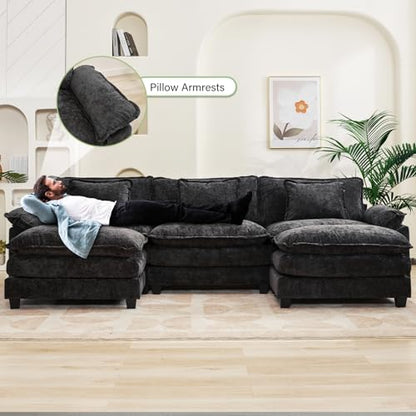 120" Modular Sectional Sofa, Comfy Deep Cloud Couch with Ottoman | U-Shaped Couches for Living Room, Modular Couch, Deep and Wide Seat, Chenille Sofa Sleeper with Throw Pillows, Black - color: Black, size: 120 Inch U