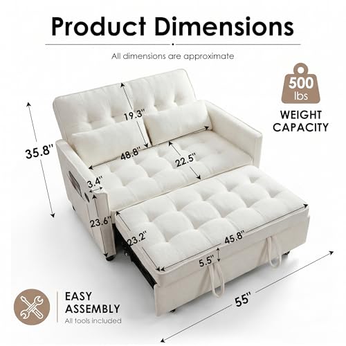 Dreamzie 55'' 3 in 1 Convertible Sofa Bed with USB Charging Ports, Pull Out Couch with Adjustable Backrest and Side Pockets, Sleeper Sofa for Living Room, Apartment, RV, Easy Assembly - Beige - color: Beige