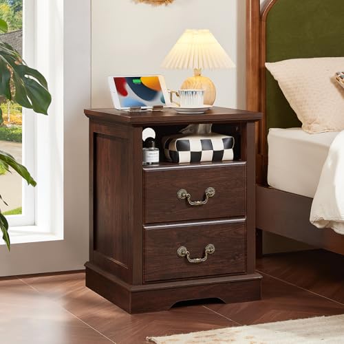 Farmhouse Night Stand with Charging Station, Walnut | 2 Drawers End Tables Bedroom, Bedside Table with Rustic Handles & Floor-Standing Thickened Foot & Open Shelf - color: Walnut, size: 18"D x 18"W x 24"H (2 Drawers)