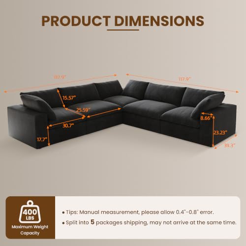 120" Cloud Modular Sofa, Convertible Modular V-Shaped Couch with Storage Ottoman, Cotton Linen Fabric Sofa for Living Room, Apartment and Bedroom, Removable Covers, 2 Pillows, Black - color: Black, size: V-Shape