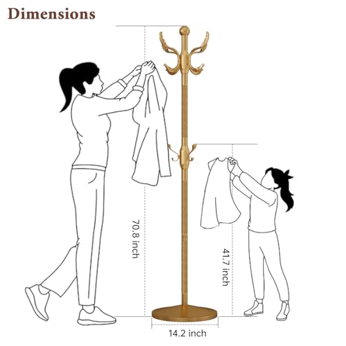 Metal Coat Rack Stand Coat Rack Freestanding with 12 Hooks,Gold | Sturdy Heavy Duty Modern Coats Tree for Bags Clothes Hall Tree Hats Hanger Holder Stand for Entryway Bedroom Hallway Office - color: Gold with 12 Hooks