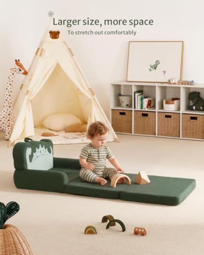 Blissful Diary Kids Couch, 2-in-1 Soft Kids Sofa, Kids Sofa Chair, Comfy Kids Furniture for Playroom, Reading & Play, Dinosaur Green - color: Dinosaur Green