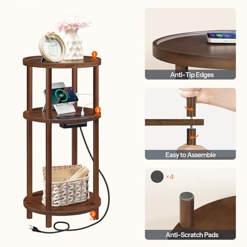 HOOBRO Small Round Side Table with Charging Station, 3-Tier Round Bamboo End Table, Compact Sofa Bedside Table for Small Space, Easy Assembly, for Living Room, Bedroom, Apartment, Mocha MA152UBZ01 - color: Mocha