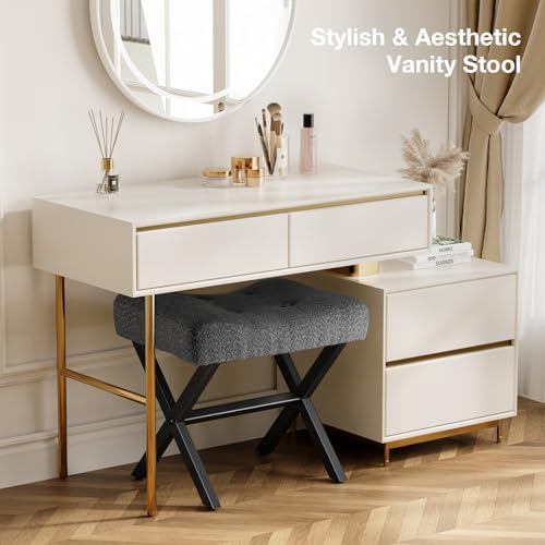 18-Inch Large Vanity Stool Chair, Gray Makeup Stool | Teddy Flannel Vanity Bench, Metal X-Leg, 350 LBS, 20"x16.9"x18", Ottoman Accent Stool, Breathable Soft Padded Saddle Seat - size: Large, style: Gray Fabric