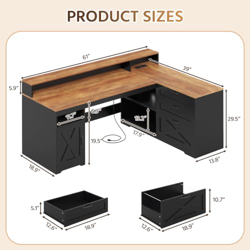 61" Farmhouse L Shaped Desk with Drawers ＆ Storage Shelves for Home Office | Home Office Desk with Storage Cabinet and Power Outlet, Brown Black Desk with Storage Shelves and Monitor Stand - color: Brown and Black