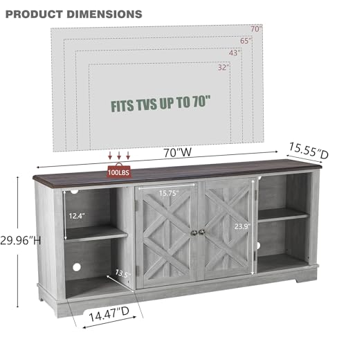 70 Inch TV Stand for Living Room, Farmhouse Media Console with Storage | LIVILAND Rustic Entertainment Center with Storage Cabinets & Adjustable Shelves, Media Console for Bedroom - color: Off-white