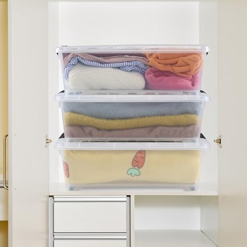 4 Packs 20 Quart Plastic Under Bed Storage Container with Wheels | Stackable and Nestable Organizer Bins, Flat Storage Box with Lids - size: 20 Quart