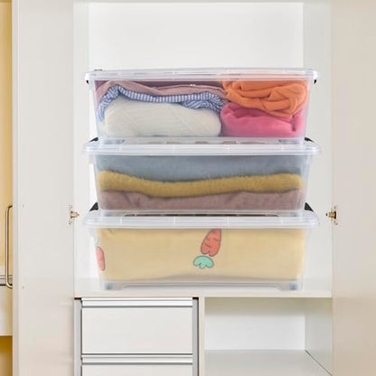 4 Packs 20 Quart Plastic Under Bed Storage Container with Wheels | Stackable and Nestable Organizer Bins, Flat Storage Box with Lids - size: 20 Quart