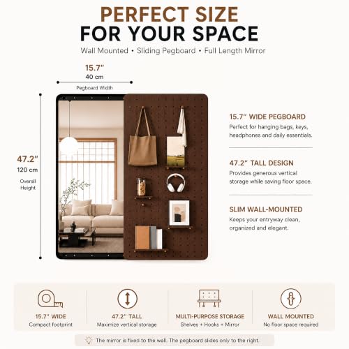 Full Length Mirror with A Pegboard, Sliding Mirror with Storage | Wall Mounted Mirror For Entryways, Bedrooms, Walk-in Closets, And Home Offices - color: B