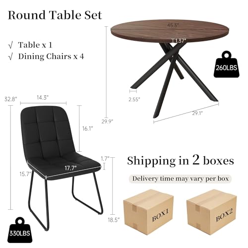 HIPIHOM 45.3 Inch Round Dining Table Set for 4, Mid Century Modern MDF Coffee Set for Dining Room Kitchen Apartment (Dark Walnut Table + 4 U-Shaped Black Chairs) - color: Walnut Table+4 Black Chairs U-shaped