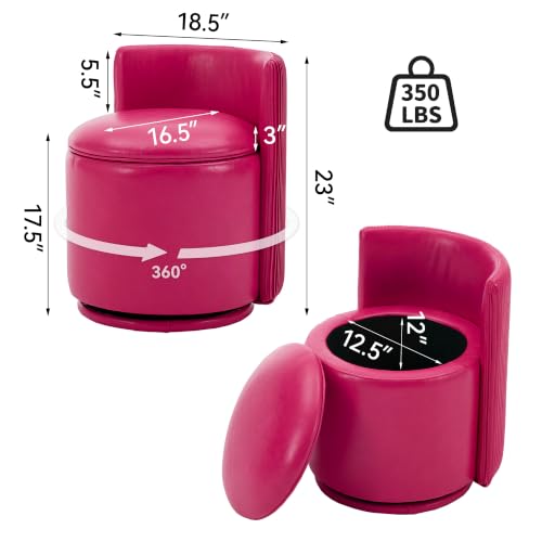 Leather Vanity Chair with Storage, 360° Swivel Makeup Chair, Fuchsia Pink | Modern Vanity Stool with Pleated Back, No Assembly Barrel Upholstered Closet PU Stool for Bedroom, Dressing Room, Living Room - color: Fuchsia Pink-pu, size: Regular