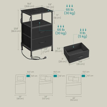 SONGMICS BELLAH Collection - Nightstand with Charging Station and App-Controlled Adjustable LED Lights, Bed Side Table, 2 Drawers and 1 Open Shelf, Modern, Ink Black and Ebony Black ULGS302BH01S - color: Ink Black + Ebony Black, size: 2 Drawers