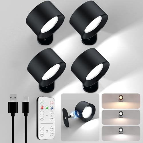 LED Wall Mounted Lights, Rechargeable Battery Operated Wall Sconces Lamp 3 Colors Temps & Remote and Touch, 360°Rotation Dimmable Wall Lights for Study Bedroom Reading Bedside (4-Pack) - style: 4-Pack