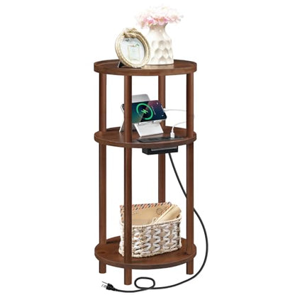 HOOBRO Small Round Side Table with Charging Station, 3-Tier Round Bamboo End Table, Compact Sofa Bedside Table for Small Space, Easy Assembly, for Living Room, Bedroom, Apartment, Mocha MA152UBZ01 - color: Mocha