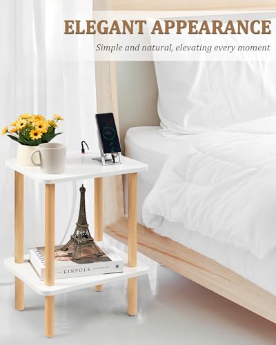 FORAOFUR End Table with Charging Station, End Tables with USB Ports and Outlets, Small Side Table for Living Room, Bedroom & Office, Two-Tier Narrow Side Table, Easy Assembly | Slim profile for bedroom or office corners, USB & outlets, tool-free assembly