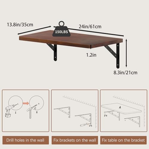 Floating Wall Desk for Home Office,Wall Mounted Table with Pine Wood,24 Inch Workbench for Garage,Work Table with Heavy Duty Brackets for Kitchen,Dining,Laundry,Floating Shelf for Wall - size: 24*14*8.3 Inch