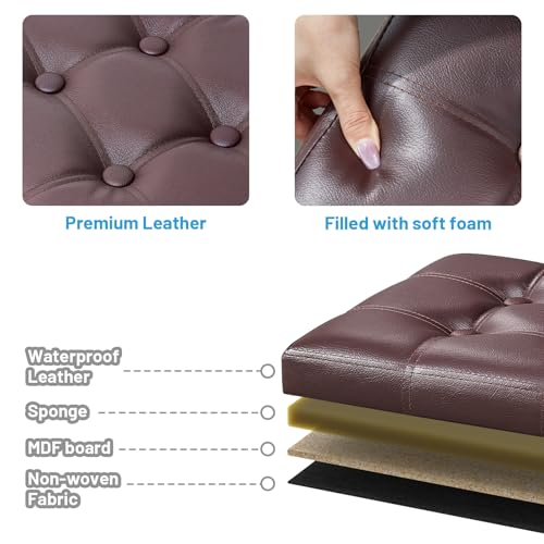 Bsketa Storage Ottoman Bench,17 Inch Folding Leather Foot Rest Stool, Brown | Small Ottoman with Side Pockets, Thicker Foam Padded Seat, Livingroom, Dorm, Bedroom, Easy to install, 43L,17x13x13in - color: Brown-with Side Pockets.