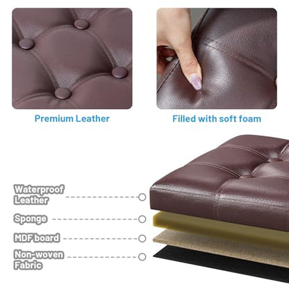 Bsketa Storage Ottoman Bench,17 Inch Folding Leather Foot Rest Stool, Brown | Small Ottoman with Side Pockets, Thicker Foam Padded Seat, Livingroom, Dorm, Bedroom, Easy to install, 43L,17x13x13in - color: Brown-with Side Pockets.