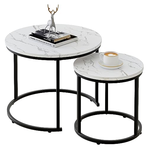 aboxoo Round Nesting Coffee Table Side Table Set of 2 End Tables for Living Room Bedroom Balcony, White Faux Marble Wooden Table Accent Coffee Table with Black Steel Frame - color: White Marble