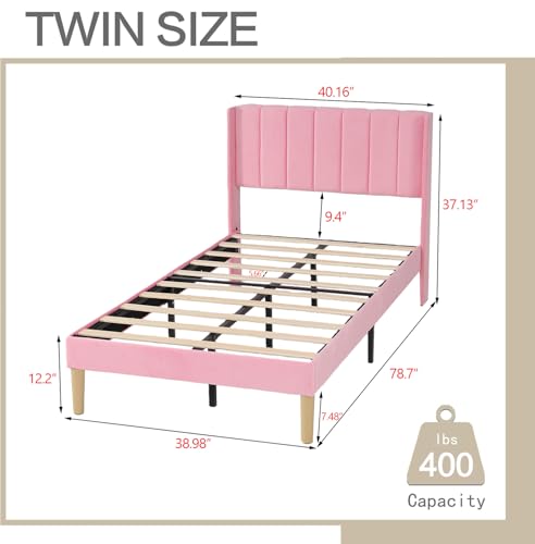 AGARTT Upholstered Platform Bed Frame Twin Size with Headboard and Footboard/Wooden Slats Support/No Box Spring Needed/Easy Assembly,Pink Velvet | Headboard and Footboard/Wooden Slats Support/No Box Spring Needed/Easy Assembly - color: Pink Velvet, size: