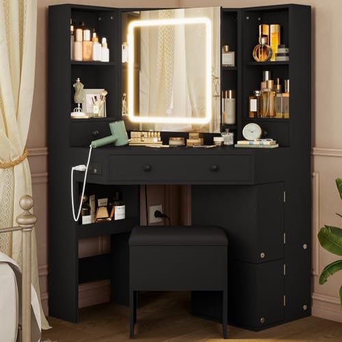 HAUOMS Vanity Desk with Mirror Lights, Storage Bench & Power Outlet, Black | Rotating Cabinet with 6 Shelves, 2 Drawers, 3 Light Settings, Touch Control Mirror, Space Saving for Women Girls - style: Modern Black