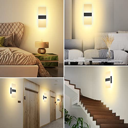 TRLIFE Dimmable LED Wall Sconces, Modern Wall Sconces Set of 2 Wall Mounted Lights 12W 3000K Warm White Hardwired Wall Sconce Lighting for Bedroom Bedside Bathroom Living Room Stairway(2 Pack, Black) - color: Warm White, size: Black Brushed Aluminum