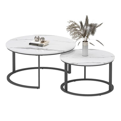 WiberWi Round Coffee Table Nesting Tables Set of 2, Large : Ø 33.5", Small : Ø 25.7", Modern Design Coffee Tables for Living Room, Metal Frame Circle Cocktail Table, High Glossy Faux White Marble - color: White Top&black Frame