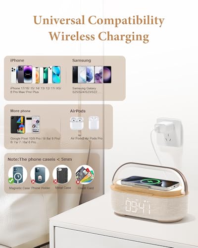 Bluetooth Speaker Alarm Clock & Wireless Charger for Bedside, Home, Office | FM Radio, Adjustable LED Night Light, 6 in 1 Bedroom Portable Speaker 2500mAh, Phone Stand - color: Beige
