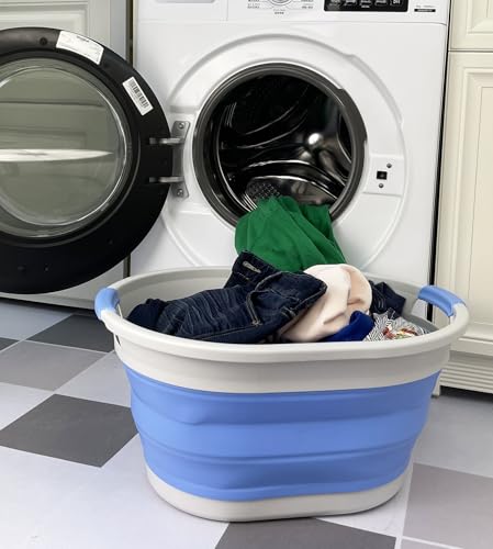 SAMMART Collapsible Plastic Oval Laundry Basket - Foldable Pop Up Storage Container/Organizer - Portable Washing Tub - Space Saving Hamper/Basket (Grey/Little Boy Blue, 32L) - color: Grey/Little Boy Blue, size: 32L