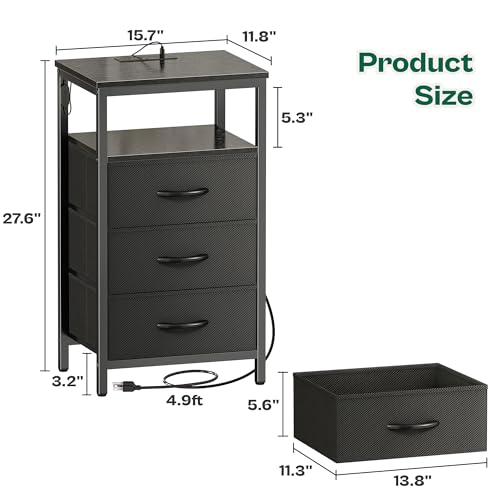 Huuger Night Stand with Charger Station and LED Lights, 3 Drawer Nightstand | Bed Side Table with Open ShelfEnd TableTall Fabric Dresser for Bedroom, Black - color: Black, size: 11.8"D x 15.7"W x 27.6"H（3 Drawers）