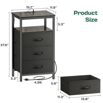 Huuger Night Stand with Charger Station and LED Lights, 3 Drawer Nightstand | Bed Side Table with Open ShelfEnd TableTall Fabric Dresser for Bedroom, Black - color: Black, size: 11.8"D x 15.7"W x 27.6"H（3 Drawers）