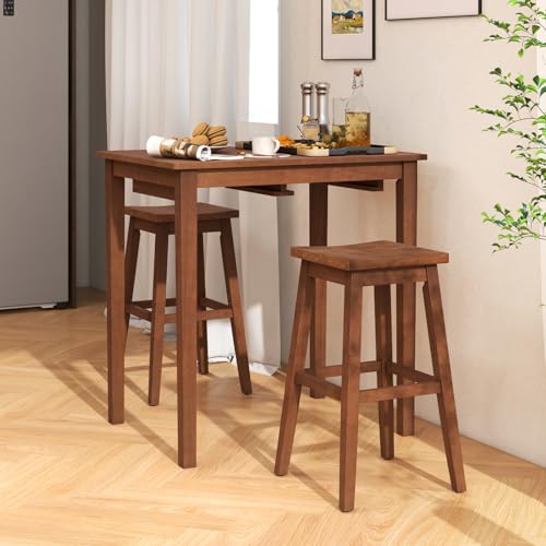 COSTWAY 3-Piece Bar Table Set, Wooden Bistro Set w/Pub Table and 2 Saddle Stools, Bar Chairs Under Counter Height Table, Space-Saving Dining Set for Breakfast Nook, Living Room, Small Space | Bar Chairs Under Counter Height Table, Space-saving Dining Set