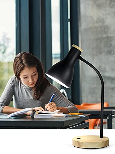 LALISU Metal Desk Lamp Table Lamp Reading Lights Arc Desk Lamps Wood Base | Bedside Lamp with Flexible Gooseneck for Study Room and Office (Wood Base+Black) - color: Wood Base+Black