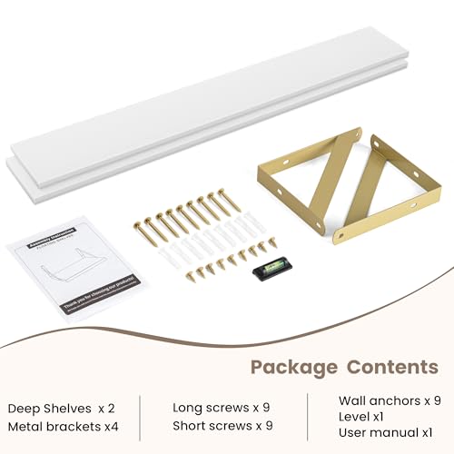 Dreamland Wall Mounted Floating Shelves Set of 2, 55x8, White&Gold | Engineered Wood, Visible Bracket, Large Storage, Hold Up to 80lbs, Living Room, Bathroom, Bedroom, Kitchen - color: White&gold, size: 55"W x 8"D