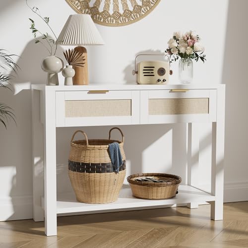Boho Chic Console Table with 2 Rattan Drawers and Open Shelf Storage, Narrow Farmhouse Sofa Table for Small Space, Entryway, Hallway, Living Room,White - color: White