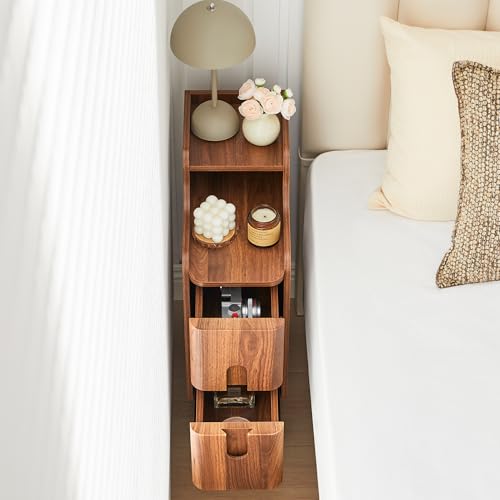 Narrow Nightstand Set of 2, Wood 2 Drawer Small Nightstand, Slim Side Table, Modern Skinny End Bedside Table, Natural Wood Night Stand with Drawers for Bedroom (Walnut-2 pcs) - color: Walnut-2 Pcs