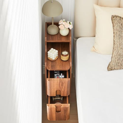 Narrow Nightstand Set of 2, Wood 2 Drawer Small Nightstand, Slim Side Table, Modern Skinny End Bedside Table, Natural Wood Night Stand with Drawers for Bedroom (Walnut-2 pcs) - color: Walnut-2 Pcs